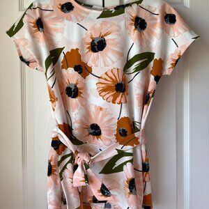 Ann Taylor Size S Petite Orange and Pink Floral Tie Waist Short Sleeve Blouse